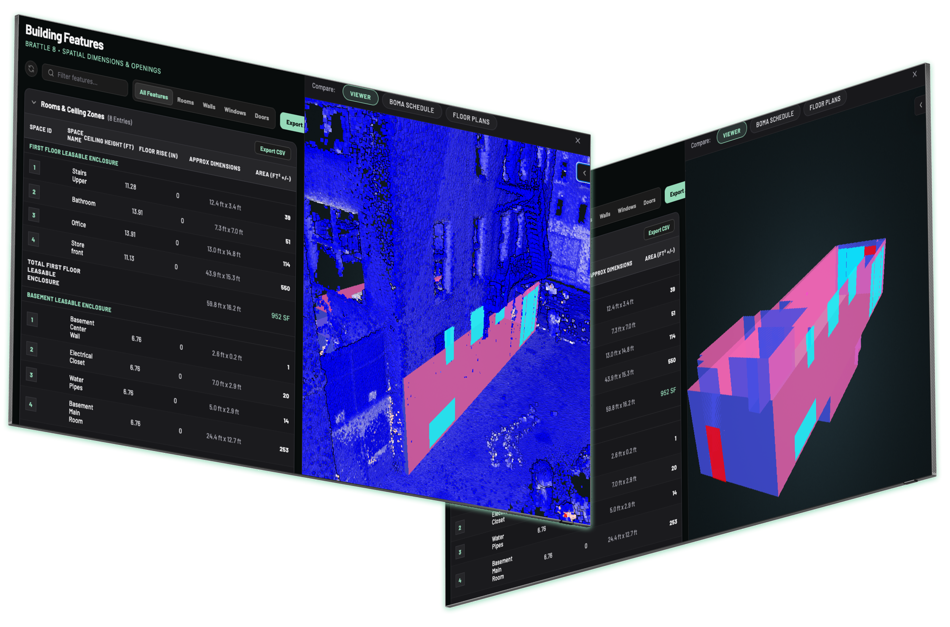 Building features table, 3D scan viewer, and reconstructed model in the Meridian platform